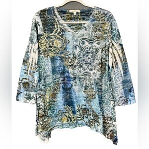 Jess & Jane Tunic Top Women’s Medium Blue Floral Mini Rhinestones 3/4 Sleeve